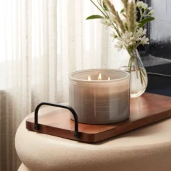 Threshold 15 14oz Lidded Gray Glass Jar Crackling Wooden 3-Wick Candle With Clear Label Applewood + Amber - Threshold™